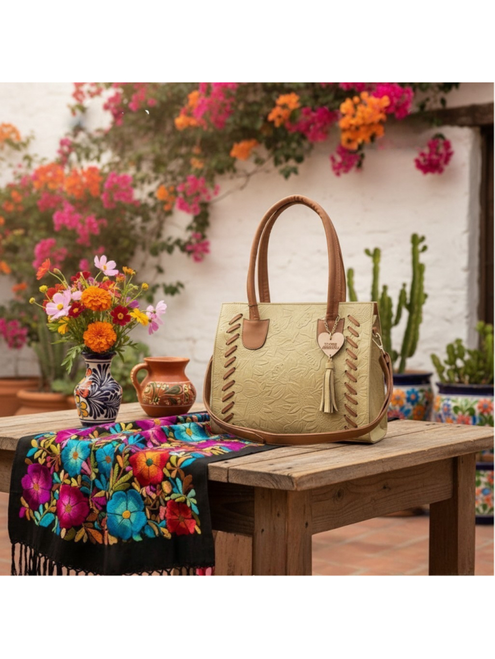 Sunflowers Buttery Yellow Cross Stitch Embossed Tooled Artisan LEATHER Bag Purse